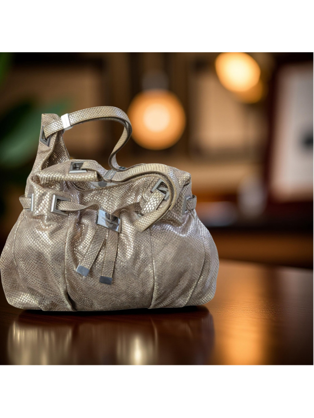 Michael Kors 'Carey Large' snake-embossed metallic leather shoulder tote.